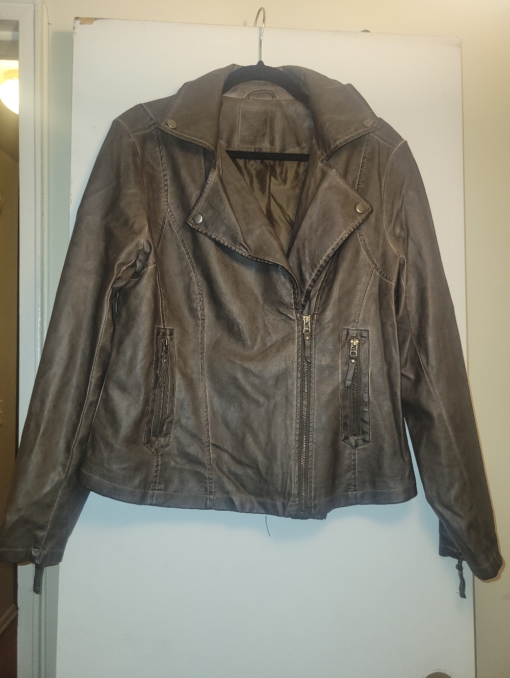 Womens Faux Leather Moto Jacket - Brown